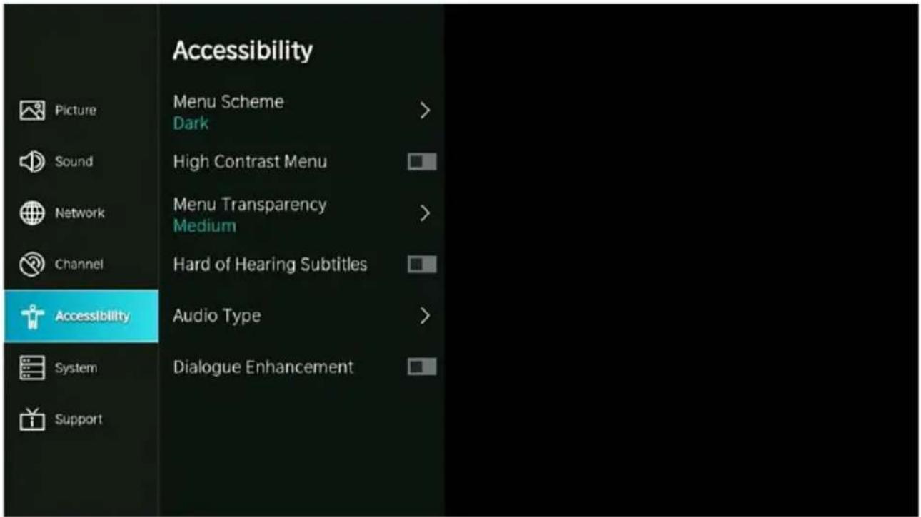 Accessibility Menu Scheme Dark High Contrast Menu Menu Transparency Medium Hard of Hearing Subtitles Accessibility Audio Type Dialogue Enhancement System Support
