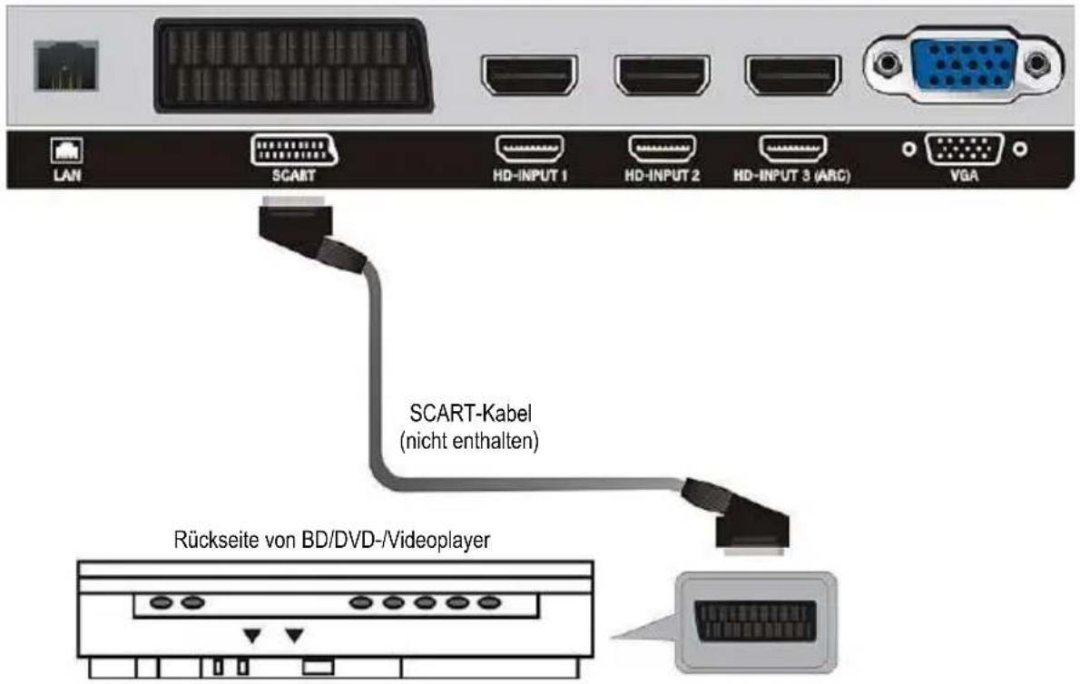LAN SCART HD-INPUT 1 HD-INPUT 2 HD-INPUT 3 (ARC) VGA SCART-Kabel (nicht enthalten) Rückseite von BD/DVD-/Videoplayer