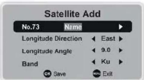 Satellite Add No.73 Name Longitude Direction East Longitude Angle 9.0 Band Ku OK Save Exit