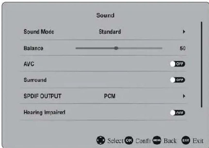 Sound Sound Mode Standard Balance 50 AVC OFF Surround OFF SPDIF OUTPUT PCM Hearing Impaired OFF Select OK Confirm BACK EXIT Exit