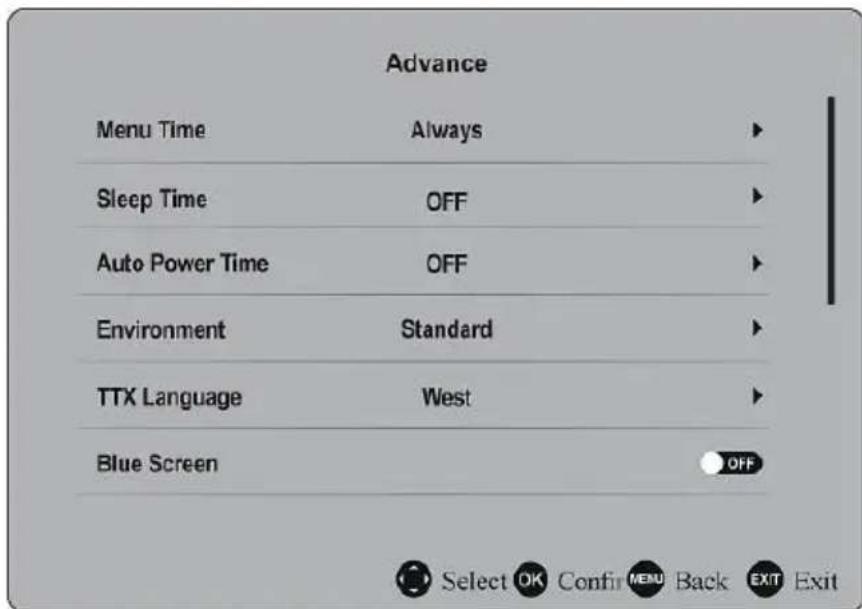 Advance Menu Time Always Sleep Time OFF Auto Power Time OFF Environment Standard TTX Language West Blue Screen OFF Select OK Confir MENU Back EXIT
