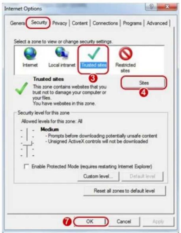 Internet Options General Security Privacy Content Connections Programs Advanced Select a zone to view or change security settings. Internet Local intranet Trusted sites Restricted sites Trusted sites 3 Sites ✓ This zone contains websites that you trust not to damage your computer or your files. You…
