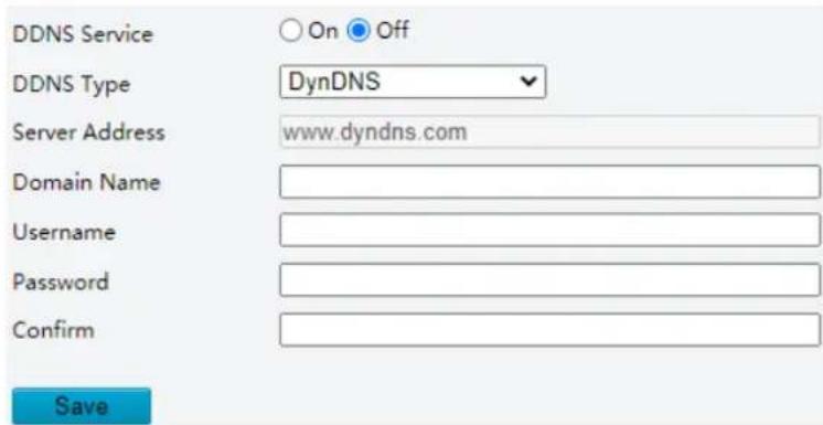 DDNS Service On Off DDNS Type DynDNS Server Address www.dyndns.com Domain Name Username Password Confirm Save