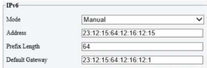 IPv6 Mode Manual Address 23:12:15:64:12:16:12:15 Prefix Length 64 Default Gateway 23:12:15:64:12:16:12:1