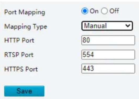 Port Mapping Mapping Type Manual HTTP Port 80 RTSP Port 554 HTTPS Port 443 Save