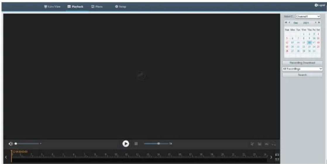 Live View Playback Photo Snap Select C Channel1 4 Dec 2021 Sun Mon: Sun Wed: Tla Thu Sat 1 2 3 4 5 6 7 8 9 10 11 12 13 14 15 16 17 18 19 20 21 22 23 24 25 28 29 30 31 Recording Download All Recordings Search 1x 12:00:00:00