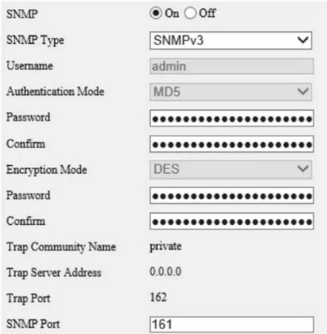SNMP ● On ○ Off SNMP Type SNMPv3 Username admin Authentication Mode MD5 Password ●●●●●●●●●●●●●●●●●● Confirm ●●●●●●●●●●●●●●●●● Encryption Mode DES Password ●●●●●●●●●●●●●●●●● Confirm ●●●●●●●●●●●●●●●●● Trap Community Name private Trap Server Address 0.0.0.0 Trap Port 162 SNMP Port 161