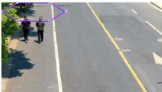 Street photo with visible timestamp and two people walking on a road, overlaid with bounding boxes and yellow line markings