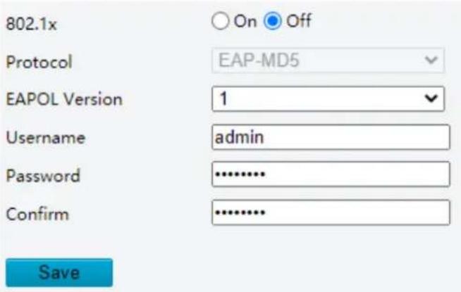 802.1x On Off Protocol EAP-MD5 EAPOL Version 1 Username admin Password ****** Confirm Save