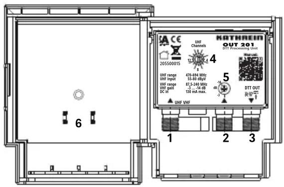 KATHREIN OUT 2.01 DTT Processing Unit UHF Channels 205500015 4 UHF range 475-694 MHz UHF input 35-80 dB/V VHF range 87.5-240 MHz VHF gain -2 ~ 14 dB DC in 130 mA max. UHF VHF 5 DTT OUT 6 1 2 3