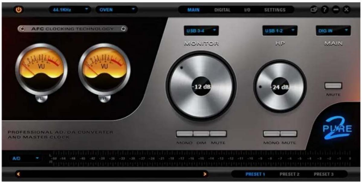 44.1KHz OVEN MAIN DIGITAL I/O SETTINGS AFC CLOCKING TECHNOLOGY USB 3-4 MONITOR -12 dB USB 1-2 HP -24 dB DIG IN MAIN MUTE PROFESSIONAL AD/DA CONVERTER AND MASTER CLOCK MONO DIM MUTE MONO MUTE A/D L -50 -54 -48 -45 -42 -39 -36 -33 -30 -27 -24 -21 -18 -12 -10 -8 -7 -6 -5 -4 -3 -2 -1 0 PRESET 1 PRESET 2 PRESET 3
