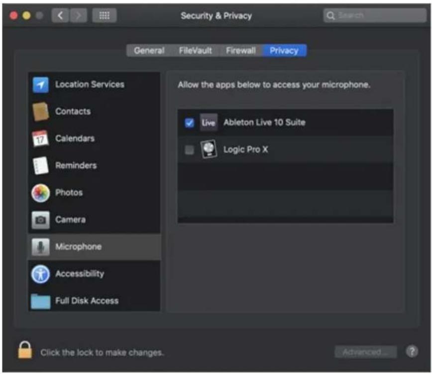 Security & Privacy General FileVault Firewall Privacy Location Services Contacts Calendars Reminders Photos Camera Microphone Accessibility Full Disk Access Allow the apps below to access your microphone. Live Ableton Live 10 Suite Logic Pro X Click the lock to make changes. Advanced... ?