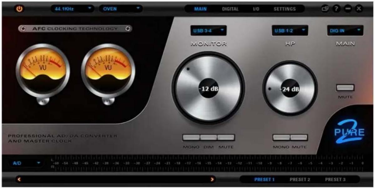 44.1KHz OVEN MAIN DIGITAL I/O SETTINGS AFC CLOCKING TECHNOLOGY USB 3-4 MONITOR -12 dB USB 1-2 HP -24 dB DIG IN MAIN MUTE PROFESSIONAL AD/DA CONVERTER AND MASTER CLOCK MONO DIM MUTE MONO MUTE A/D L -60 -54 -48 -45 -42 -39 -36 -33 -30 -27 -24 -21 -18 -17 -16 -15 -14 -13 -12 -11 -10 -9 -8 -7 -6 -5 -4 -3 -2 -1 0 R PRESET 1 PRESET 2 PRESET 3