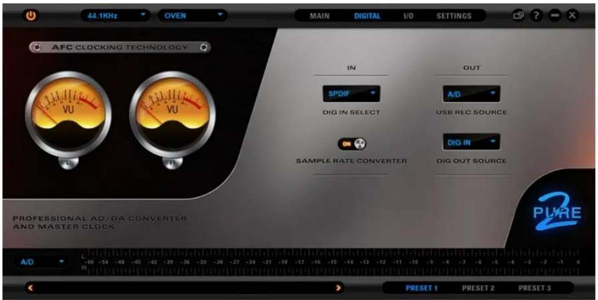 44.1KHz OVEN MAIN DIGITAL I/O SETTINGS AFC CLOCKING TECHNOLOGY IN OUT SPDIF A/D DIG IN SELECT USB REC SOURCE ON DIG IN SAMPLE RATE CONVERTER DIG OUT SOURCE PROFESSIONAL AD/DA CONVERTER AND MASTER CLOCK A/D L -60 -54 -49 -45 -42 -39 -36 -33 -30 -27 -24 -21 -18 -15 -12 -8 -5 -2 0 PRESET 1 PRESET 2 PRESET 3