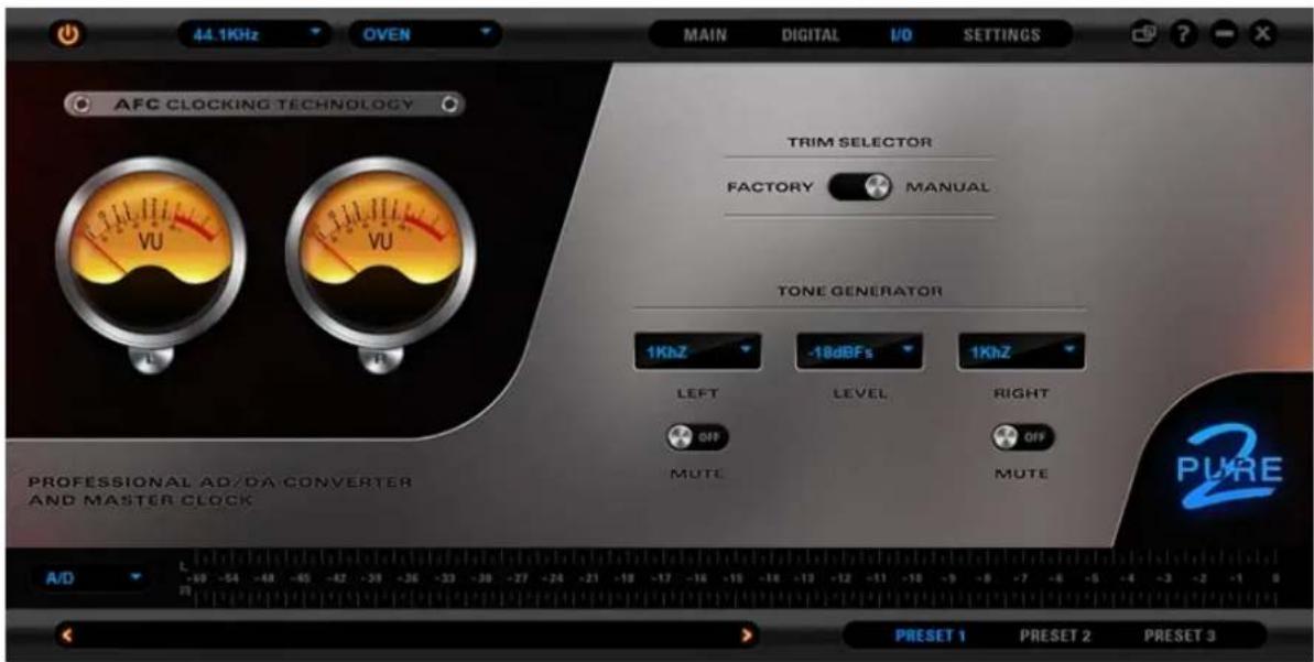 44.1KHz OVEN MAIN DIGITAL I/O SETTINGS AFC CLOCKING TECHNOLOGY TRIM SELECTOR FACTORY MANUAL TONE GENERATOR 1KHz -18dBFS 1KHz LEFT LEVEL RIGHT OFF OFF MUTE MUTE PROFESSIONAL AD/DA CONVERTER AND MASTER CLOCK A/D PRESET 1 PRESET 2 PRESET 3