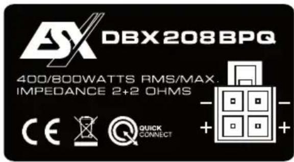 DBX208BPQ 400/800WATTS RMS/MAX. IMPEDANCE 2+2 OHMS CE Q QUICK CONNECT
