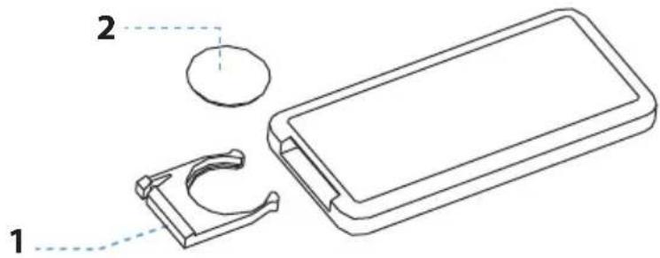 Technical diagram showing a mechanical assembly with labeled parts 1, 2, and a circular component.