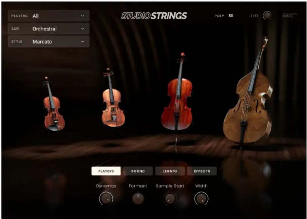 STUDIO STRINGS POLY 50 LEVEL air PLAYERS All SIZE OrchestRAL STYLE Marcato PLAYERS SOUND LEGATO EFFECTS Dynamics Formant Sample Start Width