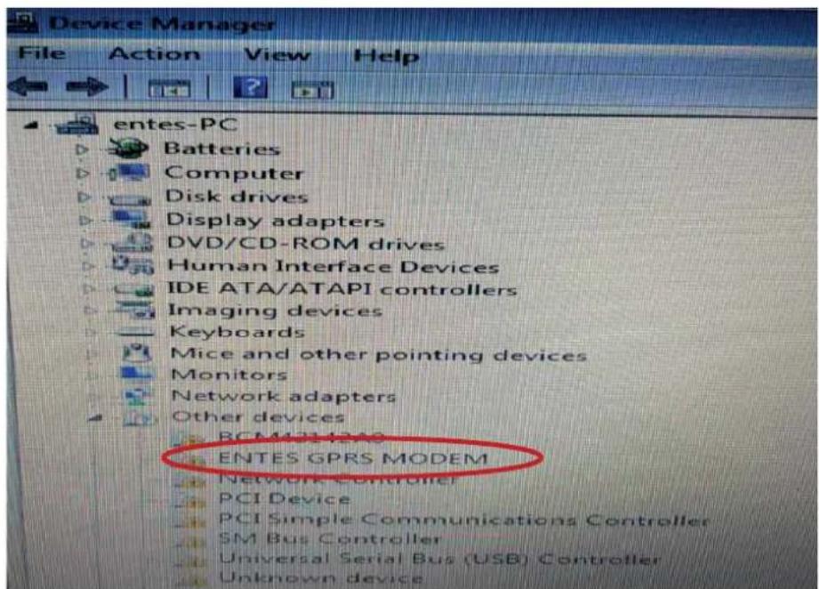 Device Manager File Action View Help entes-PC Batteries Computer Disk drives Display adapters DVD/CD-ROM drives Human Interface Devices IDE ATA/ATAPI controllers Imaging devices Keyboards Mice and other pointing devices Monitors Network adapters Other devices BCM23450 ENTES GPRS MODEM Network Controller PCI Device PCI Simple Communications Controller SM Bus Controller Universal Serial Bus (USB) Controller Unknown device