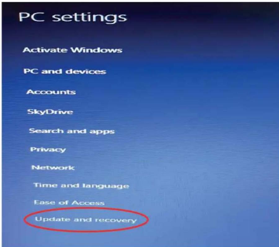 PC settings Activate Windows PC and devices Accounts SkyDrive Search and apps Privacy Network Time and language Ease of Access Update and recovery