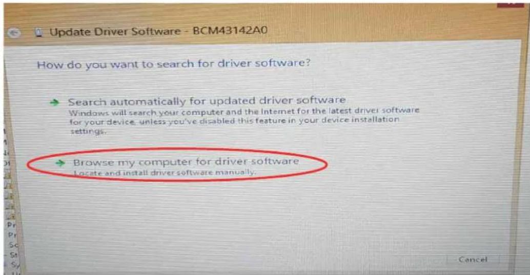 Update Driver Software - BCM43142A0 How do you want to search for driver software? → Search automatically for updated driver software Windows will search your computer and the Internet for the latest driver software for your device, unless you've disabled this feature in your device installation settings. → Browse my computer for driver software Locate and install driver software manually.