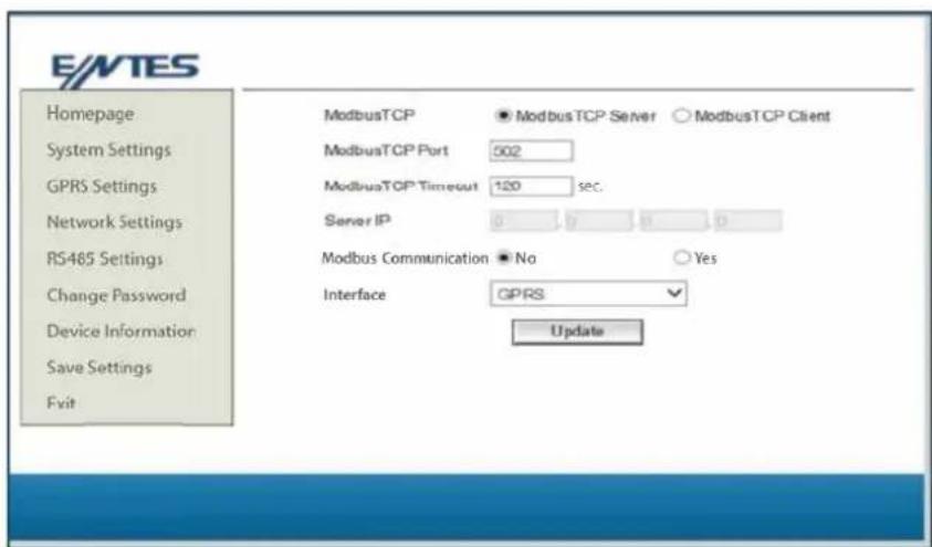 E/VTES Homepage System Settings GPRS Settings Network Settings RS485 Settings Change Password Device Information Save Settings Fvit ModbusTCP ModbusTCP Server ModbusTCP Client ModbusTCP Port 502 ModbusTCP Timeout 120 sec. Server IP 0 0 0 0 Modbus Communication No Yes Interface GPRS Update