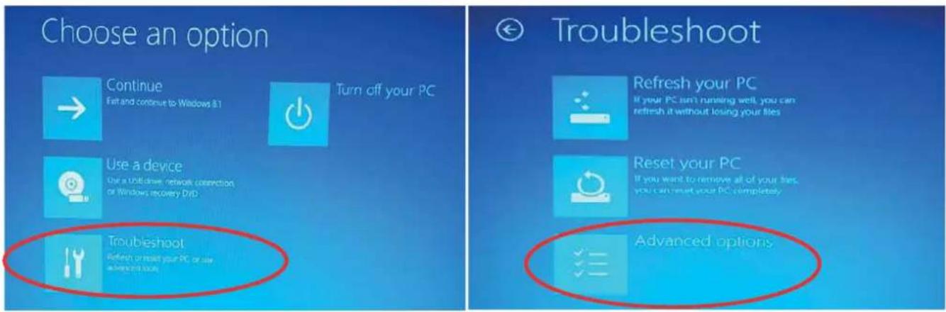 Choose an option Continue Eat and continue to Windows 8.1 Turn off your PC Use a device Use a USB drive, network connection or Windows recovery D/D Troubleshoot Refresh or reset your PC, or use advanced links Troubleshoot Refresh your PC If your PC isn't running well, you can refresh it without losing your files Reset your PC If you want to remove all of your files, you can reset your PC completely Advanced options