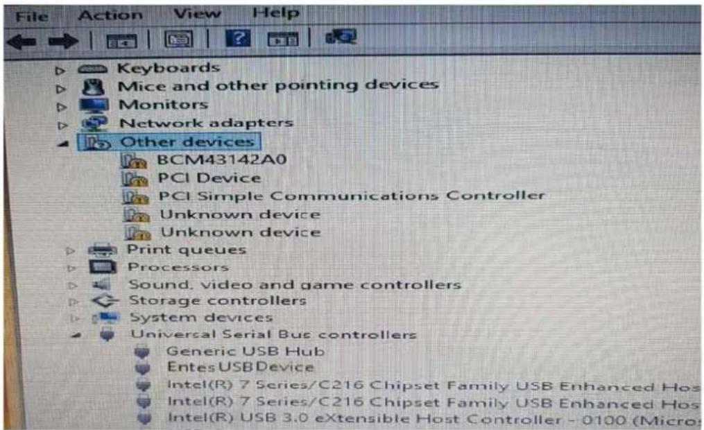 File Action View Help Keyboards Mice and other pointing devices Monitors Network adapters Other devices BCM43142A0 PCI Device PCI Simple Communications Controller Unknown device Unknown device Print queues Processors Sound, video and game controllers Storage controllers System devices Universal Serial Bus controllers Generic USB Hub EntesUSBDevice Intel(R) 7 Series/C216 Chipset Family USB Enhanced Hos Intel(R) 7 Series/C216 Chipset Family USB Enhanced Hos Intel(R) USB 3.0 eXtensible Host Controller - 0100 (Micro)