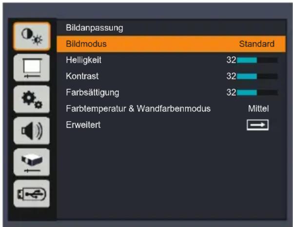 Bildanpassung Bildmodus Standard Helligkeit 32 Kontrast 32 Farbsättigung 32 Farbtemperatur & Wandfarbenmodus Mittel Erweitert