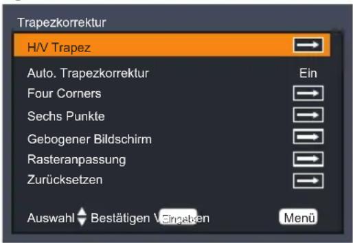 Trapezkorrektur H/V Trapez Auto. Trapezkorrektur Four Corners Sechs Punkte Gebogener Bildschirm Rasteranpassung Zurücksetzen Auswahl Bestätigen Vergangen Ein Menu