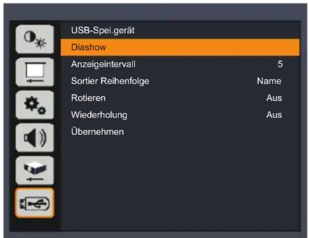 USB-Spei.gerät Diashow Anzeigeintervall 5 Sortier Reihenfolge Name Rotieren Aus Wiederholung Aus Übernehmen