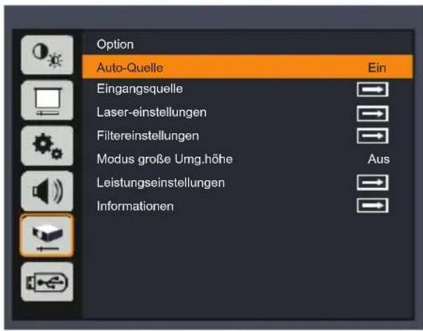 Option Auto-Quelle Ein Eingangsquelle → Laser-einstellungen → Filtereinstellungen → Modus große Umg.höhe Aus Leistungseinstellungen → Informationen →