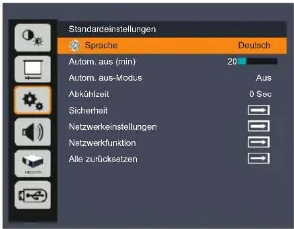 Standardeinstellungen Sprache Deutsch Autom. aus (min) 20 Autom. aus-Modus Aus Abkühlzeit 0 Sec Sicherheit Netzwerkeinstellungen Netzwerkfunktion Alle zurücksetzen