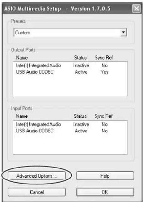 ASIO Multimedia Setup - Version 1.7.0.5 Presets Custom Output Ports Name Status Sync Ref Intel(i) Integrated Audio Inactive No USB Audio CODEC Active Yes Input Ports Name Status Sync Ref Intel(i) Integrated Audio Inactive No USB Audio CODEC Active No Advanced Options... Help Cancel OK