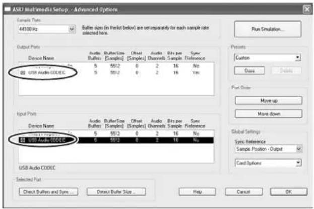 ASIO Multimedia Setup - Advanced Options Sample Rate: 44100 Hz Buffer sizes (in the list below) are set separately for each sample rate selected here. Output Ports Device Name Audio Buffer Size [Samples] Offset [Samples] Audio Channels Bits per Sample Sync Reference USB Audio CODEC 5 5912 0 2 16 No 5 5912 0 2 16 Yes Input Ports Device Name Audio Buffer Size [Samples] Offset [Samples] Audio Channels Bits per Sample Sync Reference USB Audio CODEC 5 5912 0 2 16 No USB Audio CODEC 5 5912 0 2 16 Yes Selected Port Check Buffers and Sync... Direct Buffer Size... Run Simulation... Presets Custom Save Delete Port Order Move up Move down Global Settings Sync Reference Sample Position - Output Card Options Help Cancel OK