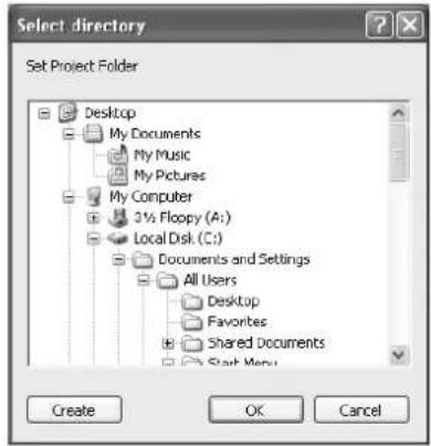 Select directory Set Project Folder Desktop My Documents My Music My Pictures My Computer 3½ Floopy (A:) Local Disk (C:) Documents and Settings All Users Desktop Favorites Shared Documents Start Menu Create OK Cancel