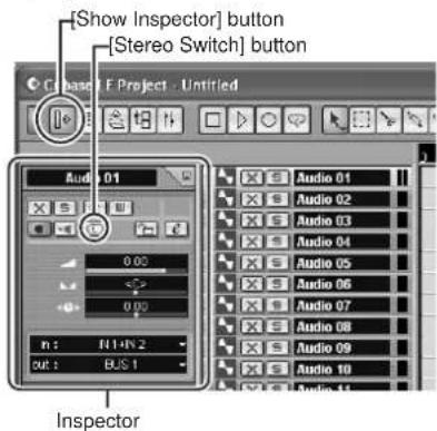 [Show Inspector] button [Stereo Switch] button Audio 01 Audio 02 Audio 03 Audio 04 Audio 05 Audio 06 Audio 07 Audio 08 Audio 09 Audio 10 n : IN1-IN2 out : BUS 1 Inspector
