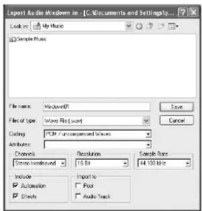 Export Audio Mixdown in - [C:\Documents and Settings\ly... Look in: My Music Sample Music File name: Window01 File of type: Wave Flo (wav) Coding: PCM / uncompressed Waves Ambuses: Channels: Stereo Interleaved Resolution: 15 Bit Sample Rate: 44.100 MHz Include □ Automation □ Effects Import to □ Pool □ Audio Track