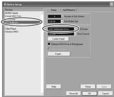 Device Setup Devices All MDI Inputs Default MDI Parts UCT Multires Video Player Windows MDI Setup Auto/Remove 4 Number of Disk Buffers 120 KB Disk Buffer Size ASIO Multimedia Driver ASIO Driver Interface Clock Source Control Panel Release/ASIO Driver in Background Show/Show program Expert... Help Reset Apply Reset All OK Cancel