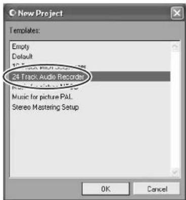 C:\New Project Templates: Empty Default 10 Track Audio Record 24 Track Audio Recorder Music for picture PAL Stereo Mastering Setup OK Cancel