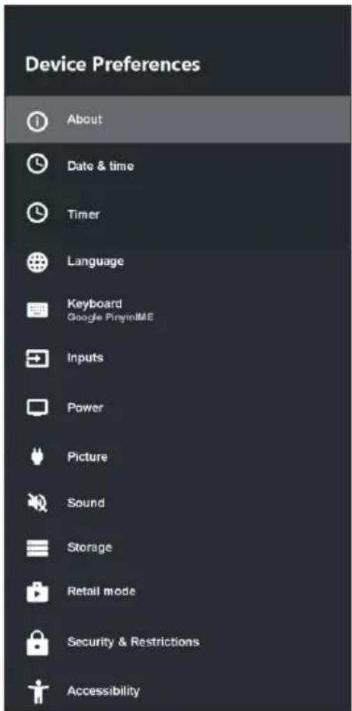 Device Preferences About Date & time Timer Language Keyboard Google PinyinIME Inputs Power Picture Sound Storage Retail mode Security & Restrictions Accessibility