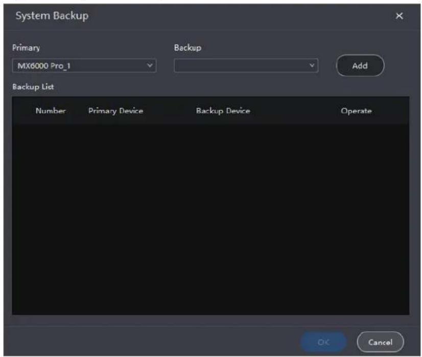 System Backup Primary MX6000 Pro_1 Backup Add Backup List Number Primary Device Backup Device Operate OK Cancel