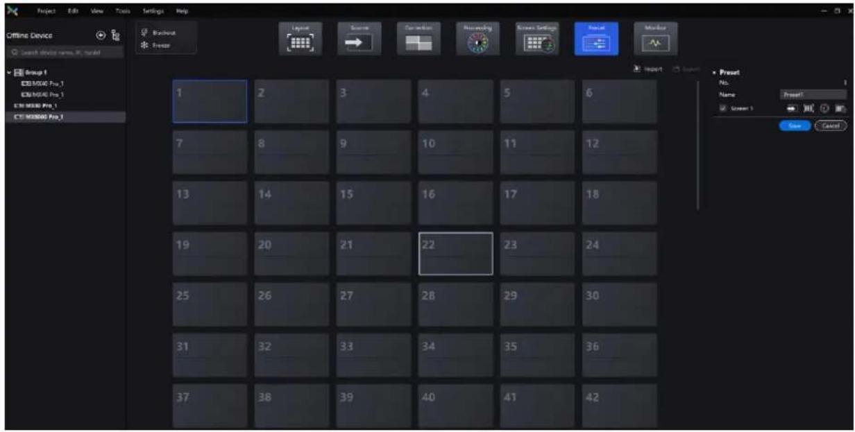 Project Edit View Tools Settings Help Offline Device Search device name: R, model Group 1 C:\M004 Pro.1 C:\M004 Pro.1 C:\M004 Pro.1 C:\M004 Pro.1 Breakout Freeze 1 2 3 4 5 6 7 8 9 10 11 12 13 14 15 16 17 18 19 20 21 22 23 24 25 26 27 28 29 30 31 32 33 34 35 36 37 38 39 40 41 42 Layout Source Correction Recovery Screen Settings Result Monitor Import Export Preset No. Name: Present Screen 1 Save Cancel