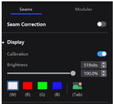 Seams Modules Seam Correction Display Calibration Brightness 519nits 100.0% (W) (R) (G) (B) (Tab)