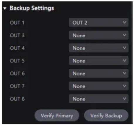 Backup Settings OUT 1 OUT 2 OUT 3 None OUT 4 None OUT 5 None OUT 6 None OUT 7 None OUT 8 None Verify Primary Verify Backup