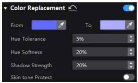 Color Replacement From To Hue Tolerance 5% Hue Softness 20% Shadow Strength 20% Skin tone Protect