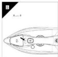 Technical diagram of a boat hull with labeled components and directional arrow