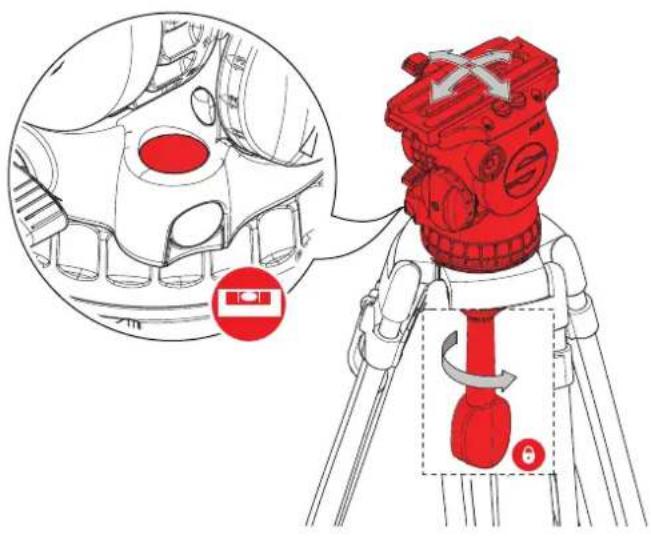 Technical diagram showing a red mechanical device mounted on a tripod with a magnified inset highlighting internal components and a warning symbol.