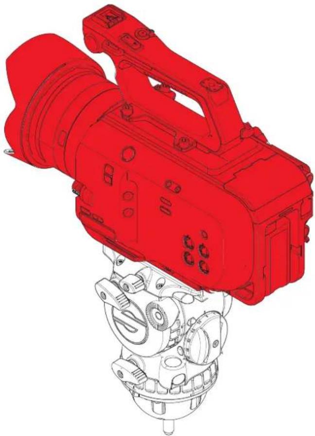 Red wireframe illustration of a video camera assembly (no text or symbols visible)