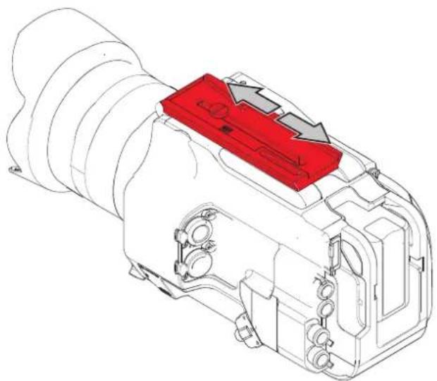 Technical line drawing of a mechanical device with red highlighted component (no text or symbols)